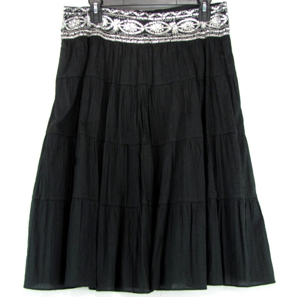 Lapis Black Midi Skirt with Embroidered Waistband